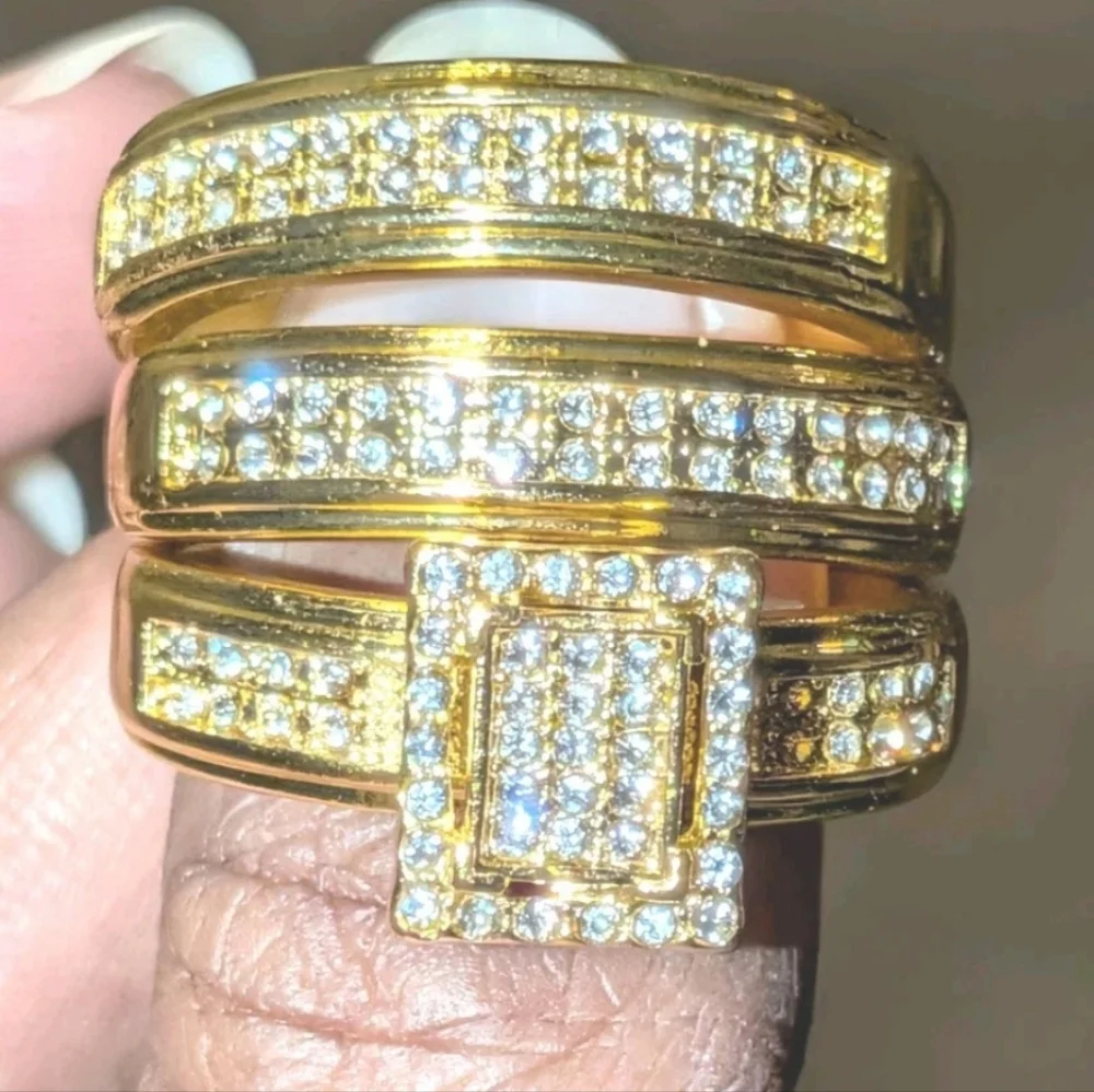 Wedding Bridal His/Her Trio Ring Set 14K Yellow Gold Plated Real Moissanite 3Ct
